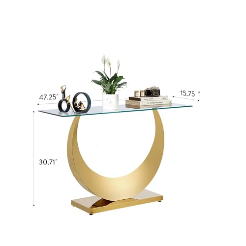 Modern Glass Entryway Console Table with Moon Shape Stainless Steel Pedestal Base, Long Narrow Sofa Table Behind Couch Hallway Table for Entryway, Living Room, Foyer, Entrance Gold TehRecBT