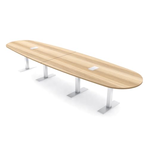 SKUTCHI DESIGNS INC. 14 Person Large Conference Table with Metal T Bases and Power and Data Units | Modular Oval Boat Shaped Table | Harmony Series | 14' Blonde Surfside Ash SKUTCHI DESIGNS INC.