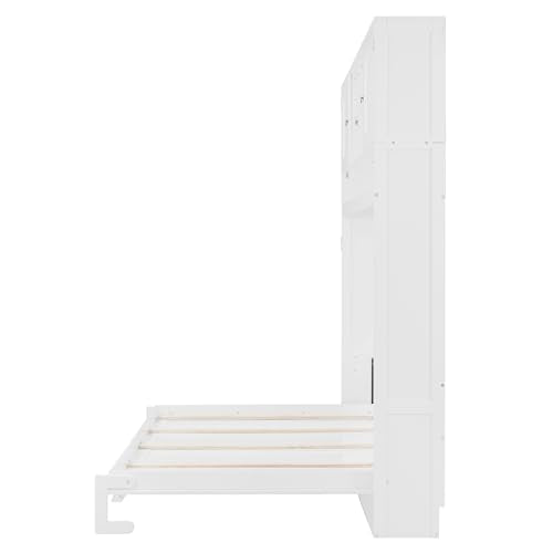 SOFTSEA Queen Size Horizontal Murphy Bed with Shelves, Foldable Wall Bed with Top Cabinets, Space-Saving Hidden Murphy Bed Frame for Guest Room, Bedroom, Office, White SOFTSEA