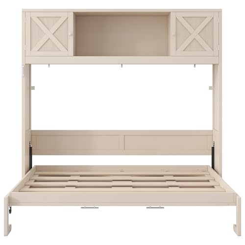 Merax Queen Size Murphy Bed with Storage Cabinets, Rustic Solid Wood Wall Bed with 3 Cabinet Shelves, Space Saving Foldable Bed Frame for Studio Apartment, Guest Room, Home Office, Beige