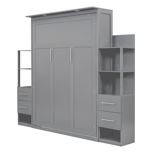 MERITLINE Full Murphy Bed with Storage Drawers,LED Lights and Storage Bookcase Shelves,Wood Murphy Wall Bed Cabinet for Adults MERITLINE