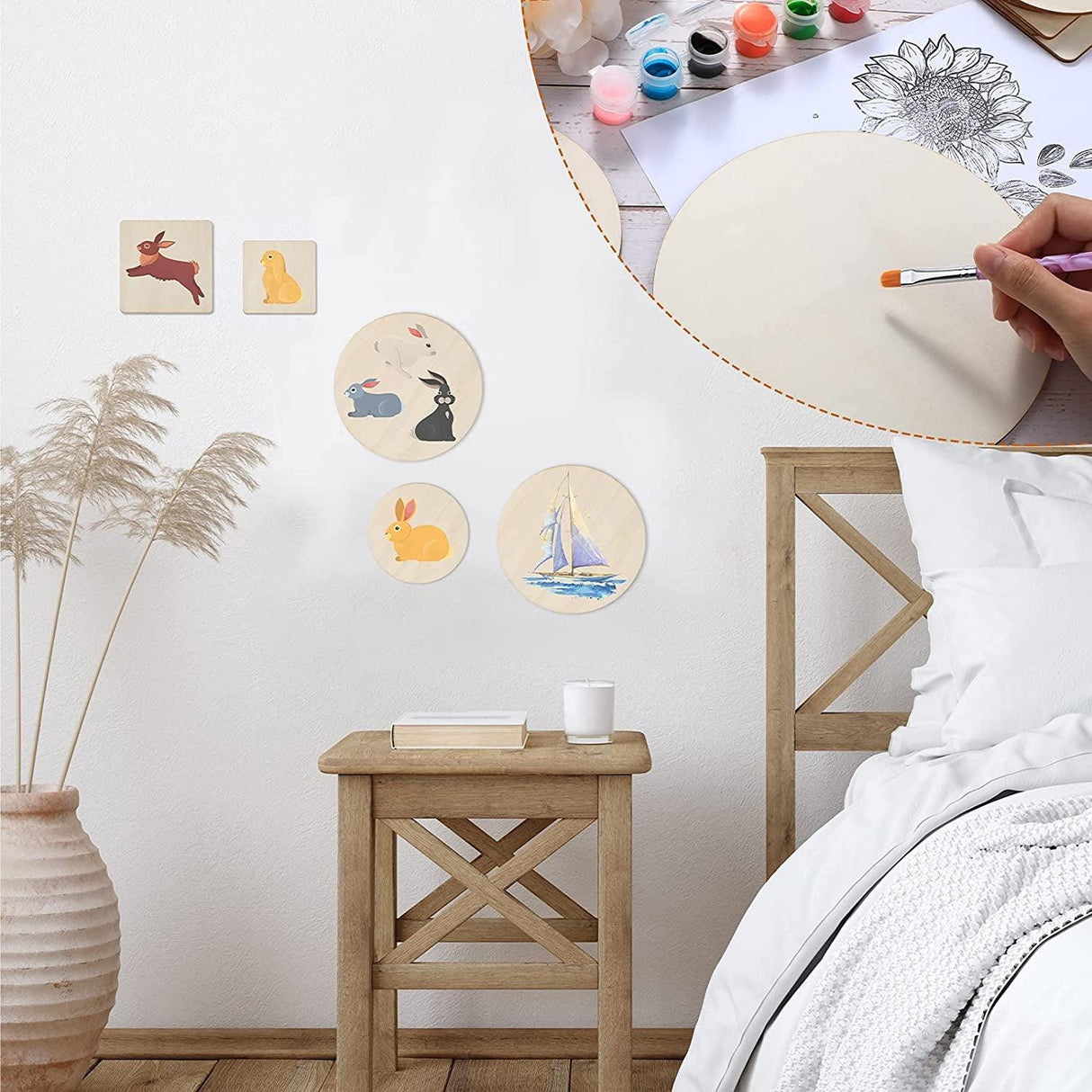 32 Pieces Unfinished Blank Wood Pieces Squares Crafts Natural Cutouts Tiles round Circles DIY Discs for 3 Sizes WoodArtSupply