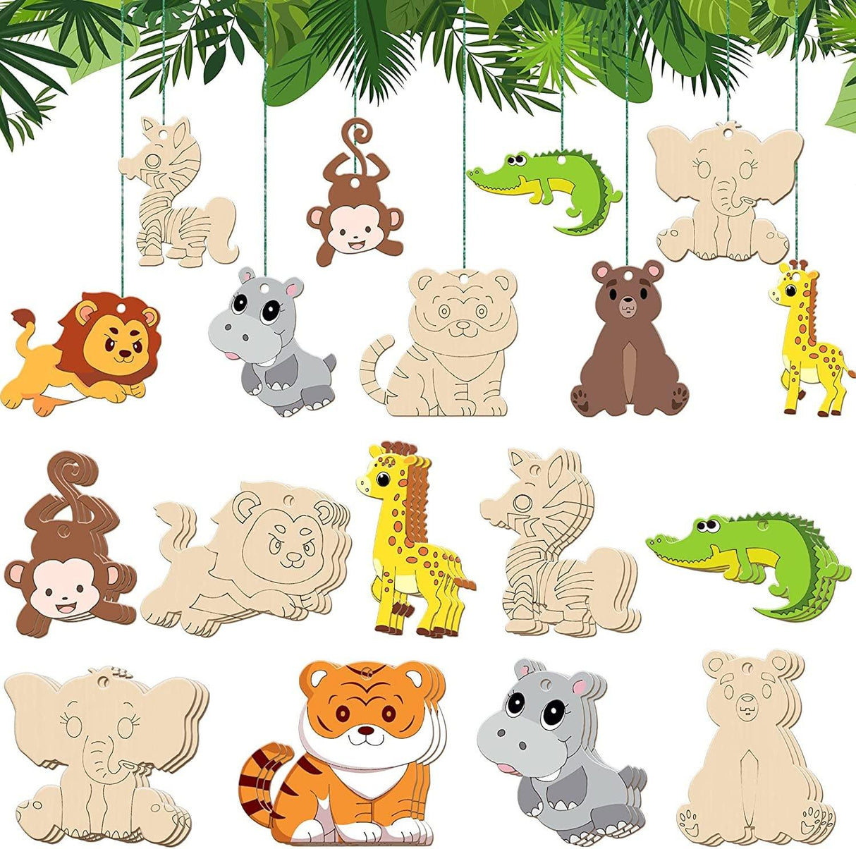 36 Pack Unfinished Wood Animal Jungle Cutouts Jungle Animal Crafts Jungle Animal Wooden Shapes Crocodile Lion Monkey Elephant Tiger Giraffe WoodArtSupply