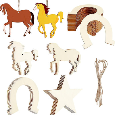 36 Pieces Unfinished Wooden Horse Cutouts Wood Discs Slices Horseshoes Star Animal Shaped Rope for Home DIY