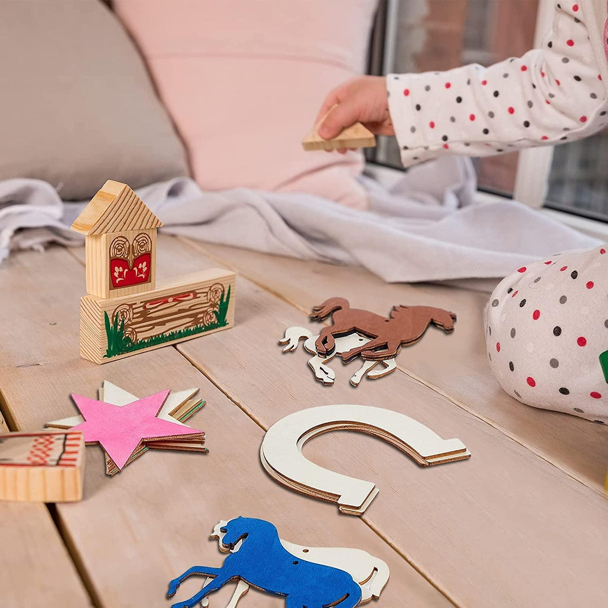 36 Pieces Unfinished Wooden Horse Cutouts Wood Discs Slices Horseshoes Star Animal Shaped Rope for Home DIY WoodArtSupply