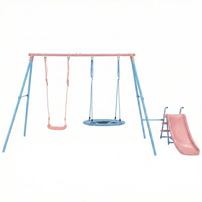 Xns107 - 2 Swing Set With Slide For Outdoor - Blue / Pink
