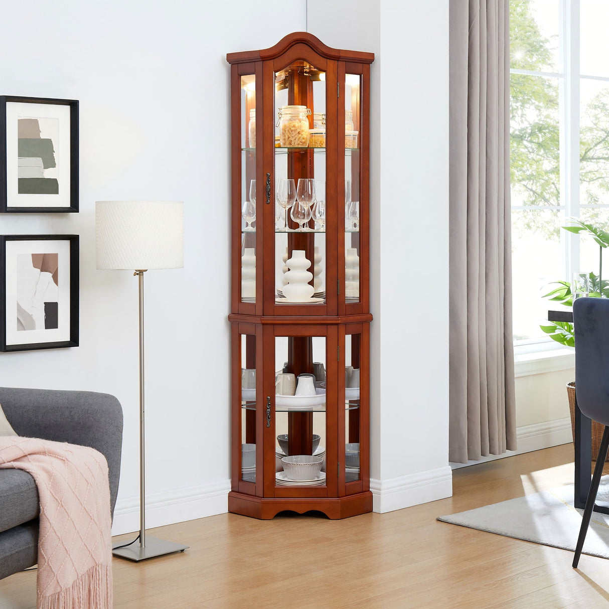 Corner Curio Cabinet With Lights, Adjustable Shelves, Mirrored Back - Walnut