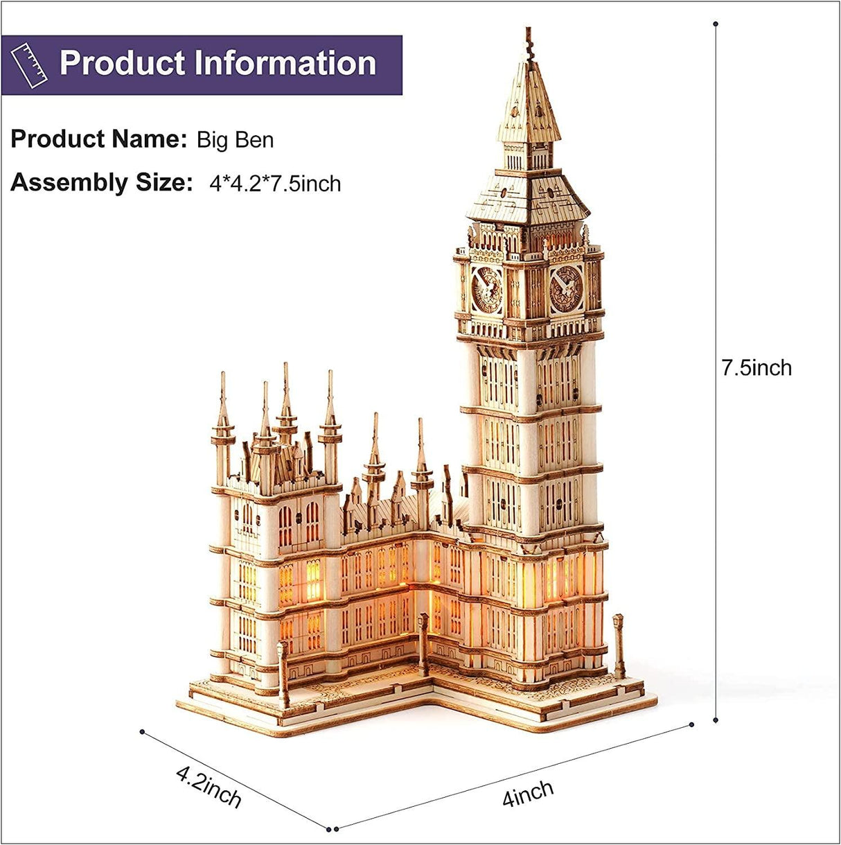 DIY Big Ben 3D Wooden Puzzle Kit with LED Light for Teens and Adults WoodArtSupply