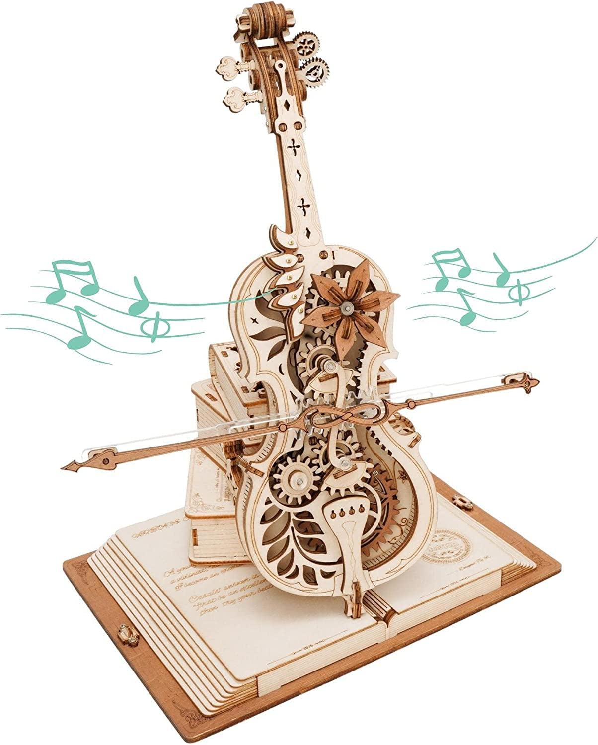 ROKR 3D Wooden Cello Model Kit with Music Box - 199 Pcs Vintage Desk Decor WoodArtSupply