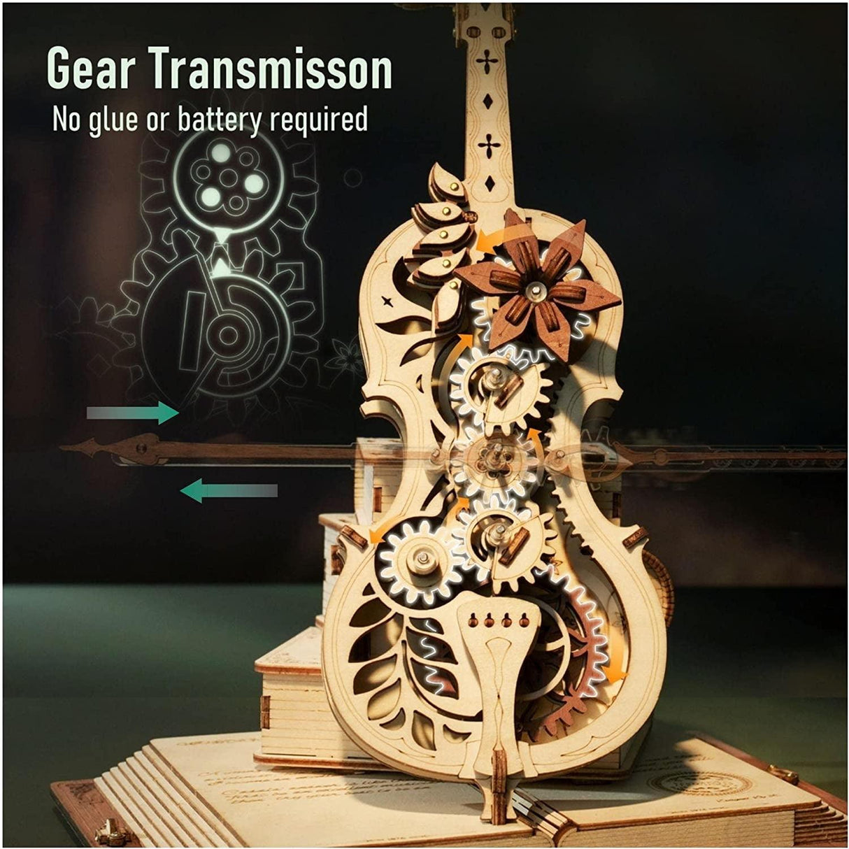 ROKR 3D Wooden Cello Model Kit with Music Box - 199 Pcs Vintage Desk Decor WoodArtSupply