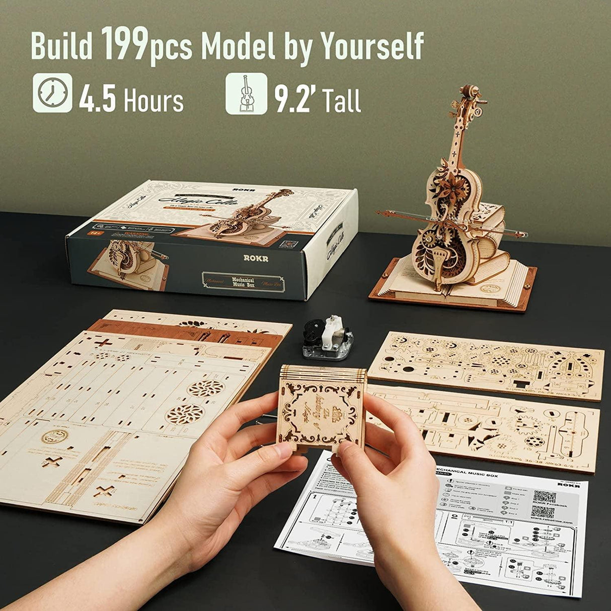 ROKR 3D Wooden Cello Model Kit with Music Box - 199 Pcs Vintage Desk Decor WoodArtSupply