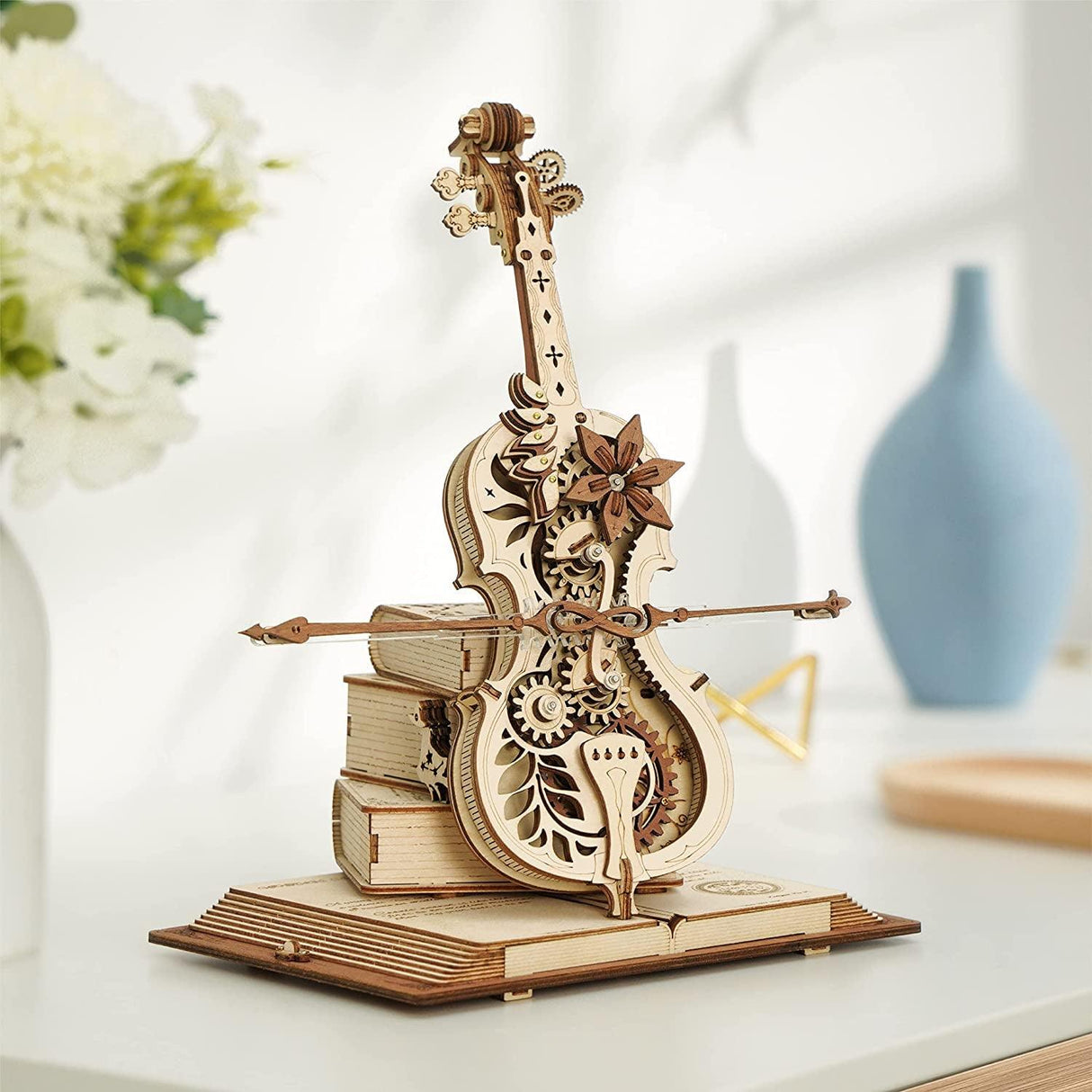 ROKR 3D Wooden Cello Model Kit with Music Box - 199 Pcs Vintage Desk Decor WoodArtSupply