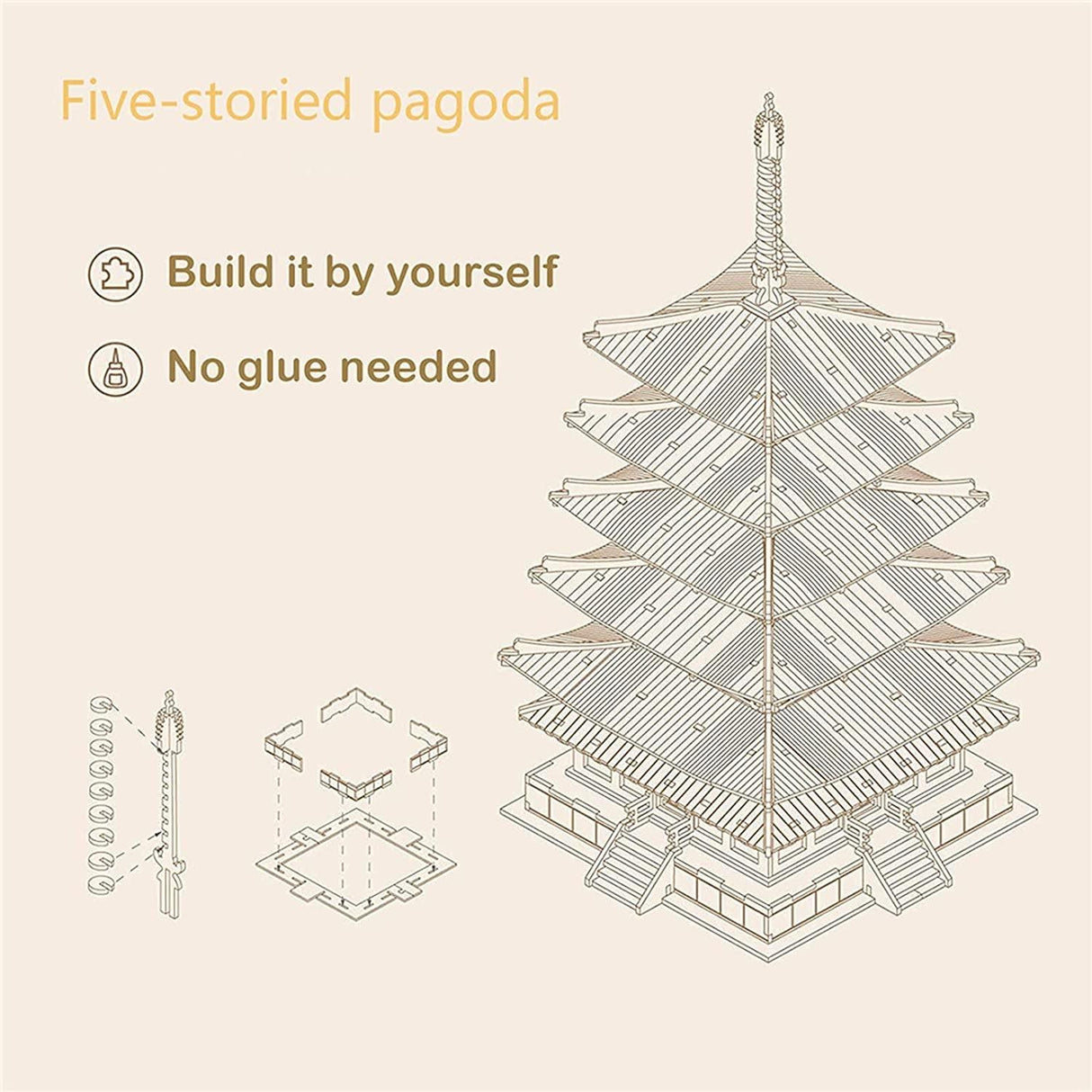 Five-Storied Pagoda 3D Wooden Puzzle for Adults – Vintage Japanese Temple Model Kit WoodArtSupply
