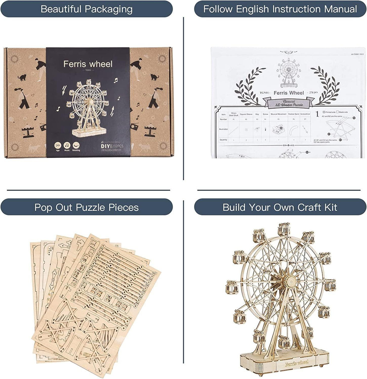 Vintage Ferris Wheel Wooden Music Box 3D Puzzle Kit for Adults WoodArtSupply