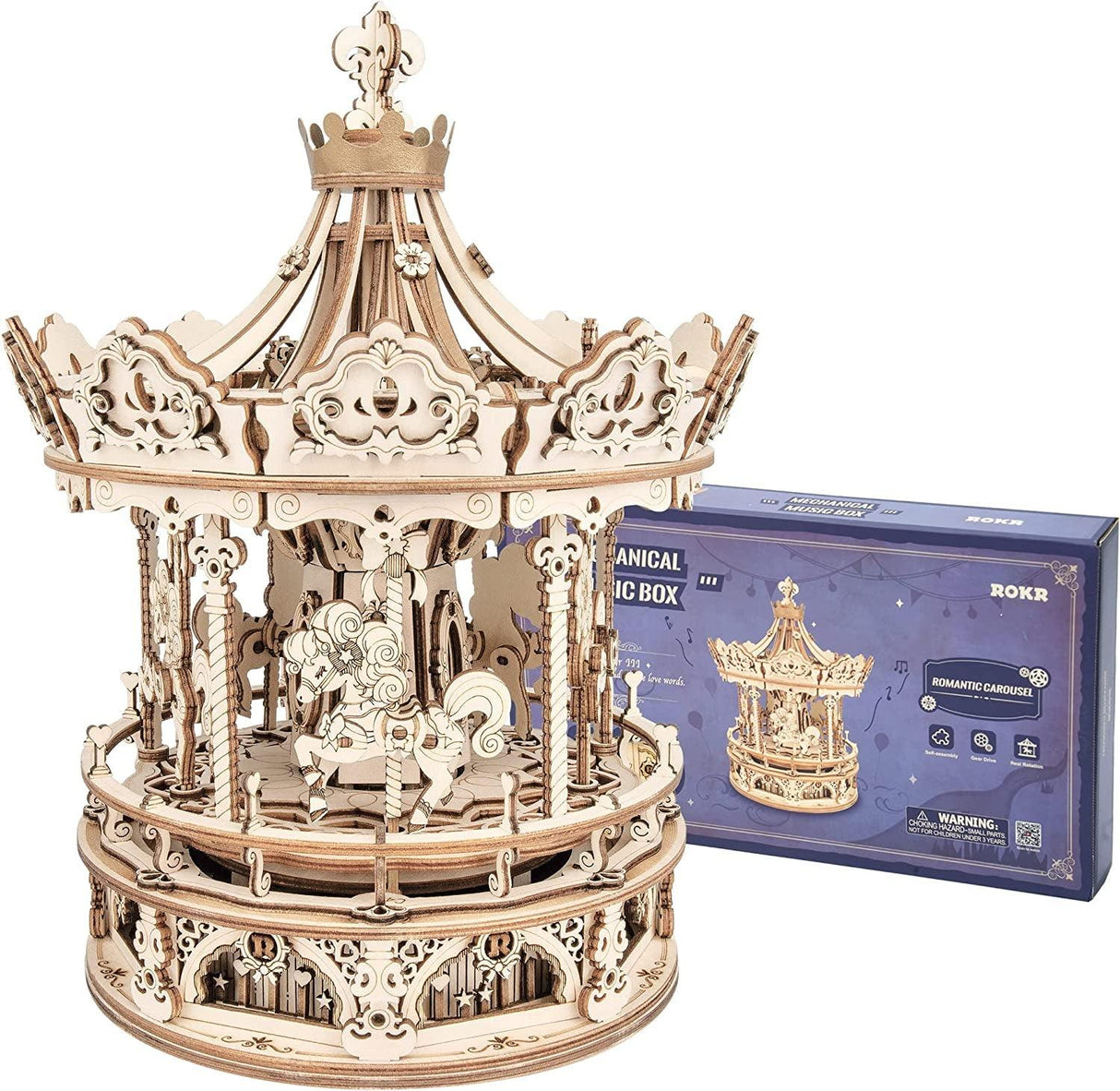 Enchanting 3D Wooden Carousel Puzzle Music Box with Rotating Horses WoodArtSupply