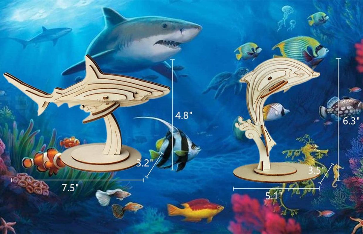 3D Wooden Sea Animal Puzzle - 6 Piece Set Wood Sea Animals Skeleton Assembly Model Kits WoodArtSupply