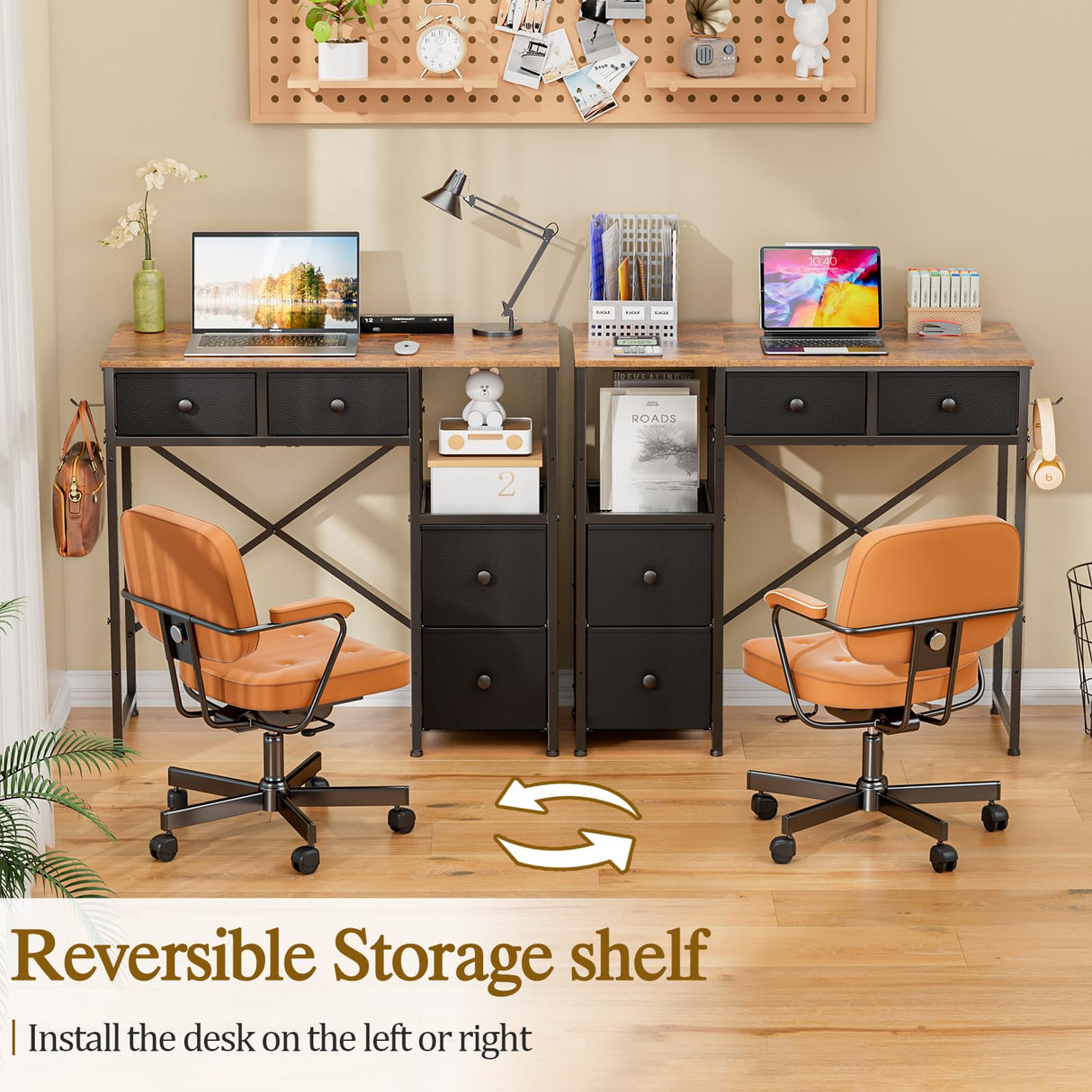 3IngSeagulls Small Computer Desk with 4 Fabric Drawers, Simple Writing Desk for Home Office, Compact Study Desks for Small Spaces, Kids Desk Study for Bedroom, Rustic Brown 3IngSeagulls