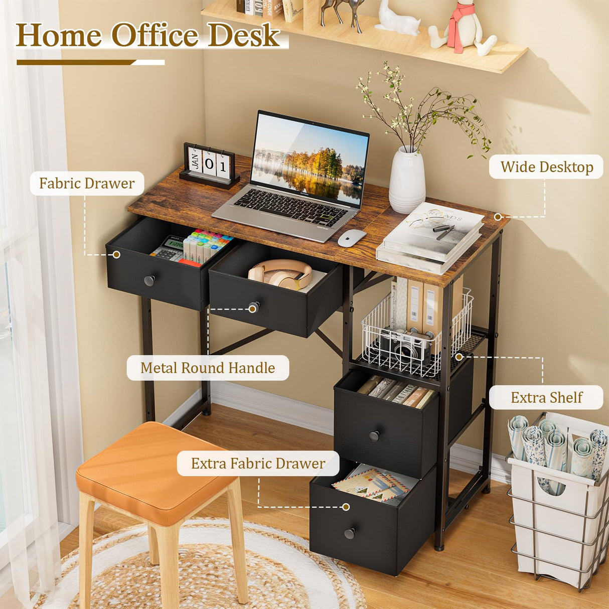 3IngSeagulls Small Computer Desk with 4 Fabric Drawers, Simple Writing Desk for Home Office, Compact Study Desks for Small Spaces, Kids Desk Study for Bedroom, Rustic Brown 3IngSeagulls