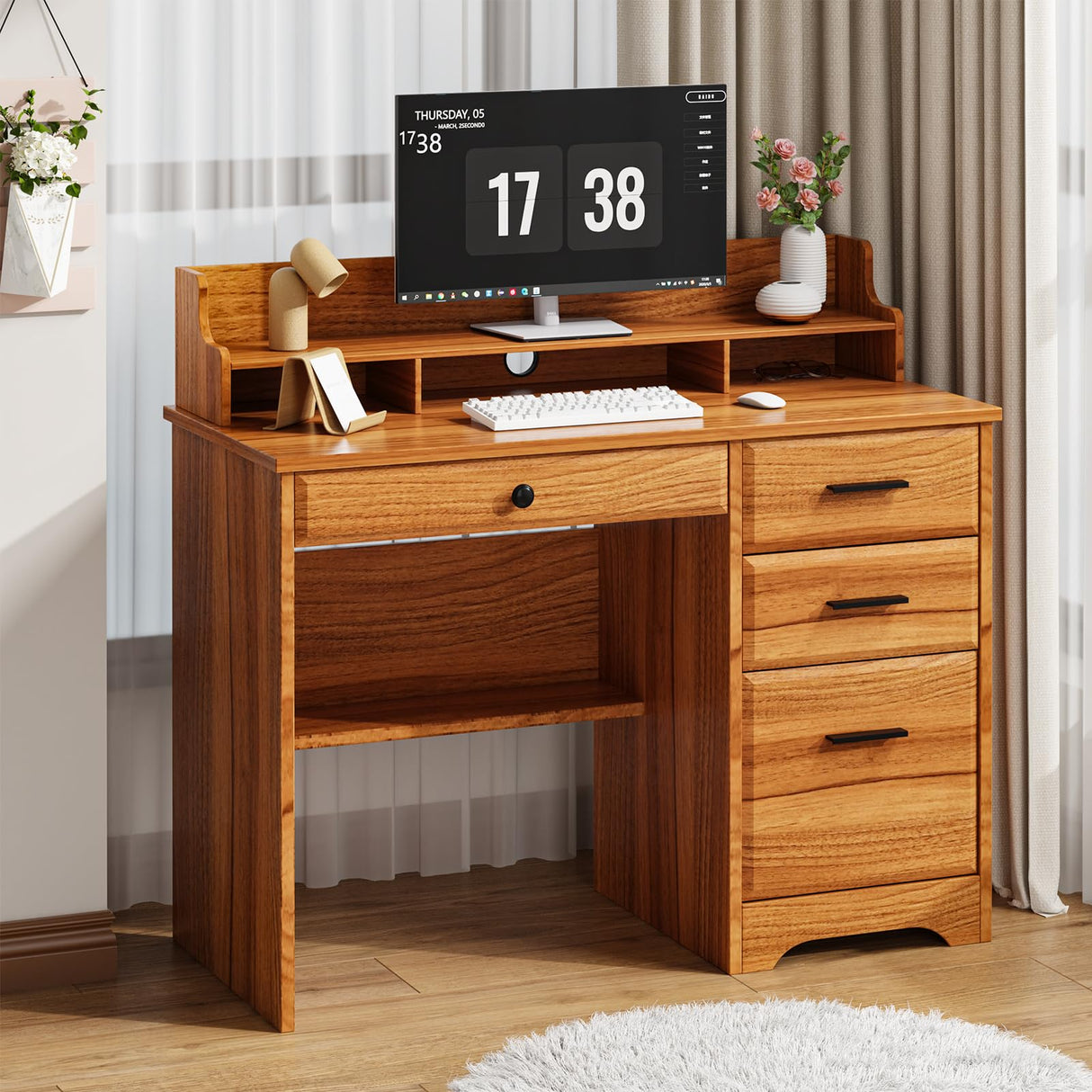 4 EVER WINNER Computer Desk with Drawers, 44 Inch Home Office Desk with Monitor Stand, Farmhouse Study Desk with Storage, Wood Desk with Drawers, Brown 4 EVER WINNER