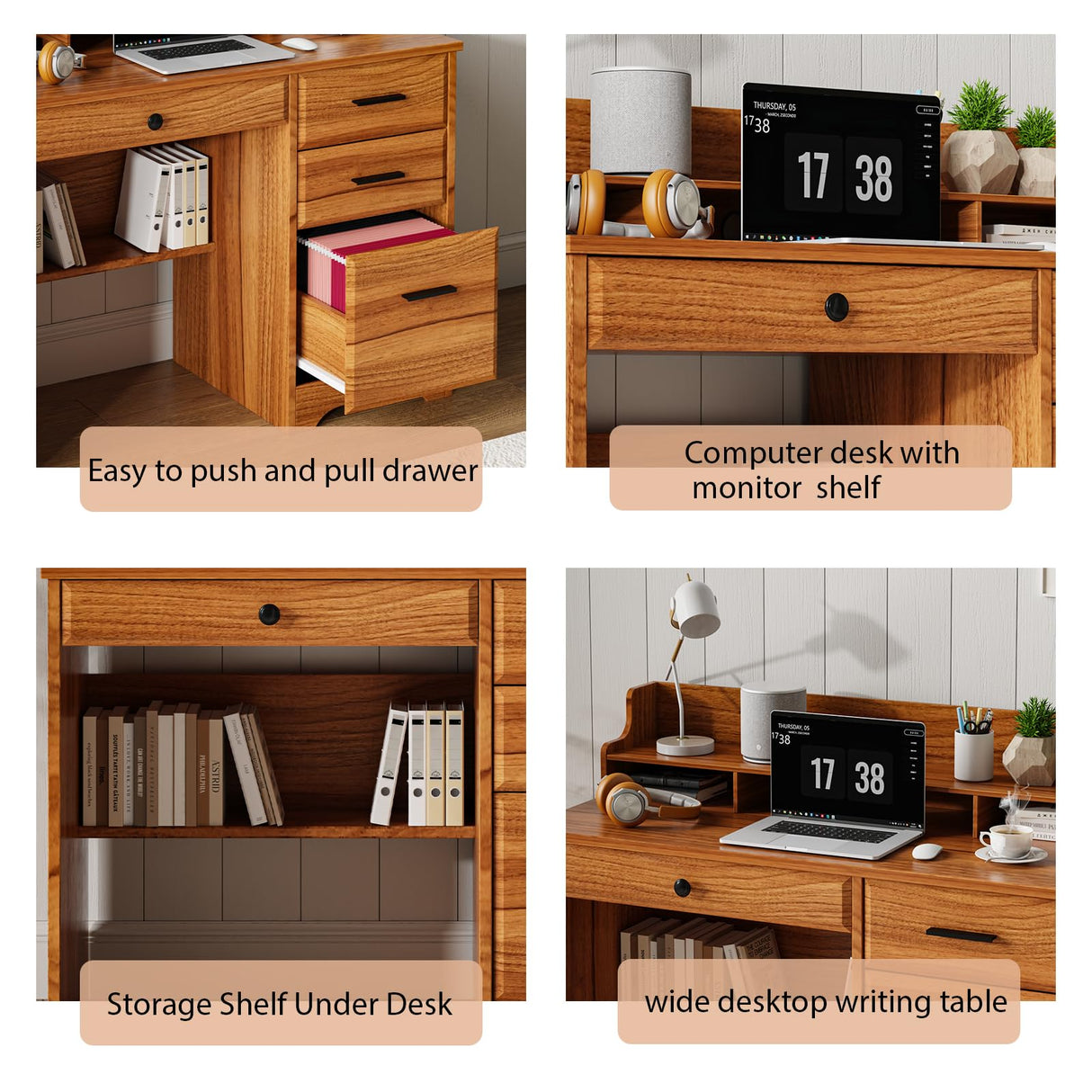 4 EVER WINNER Computer Desk with Drawers, 44 Inch Home Office Desk with Monitor Stand, Farmhouse Study Desk with Storage, Wood Desk with Drawers, Brown 4 EVER WINNER