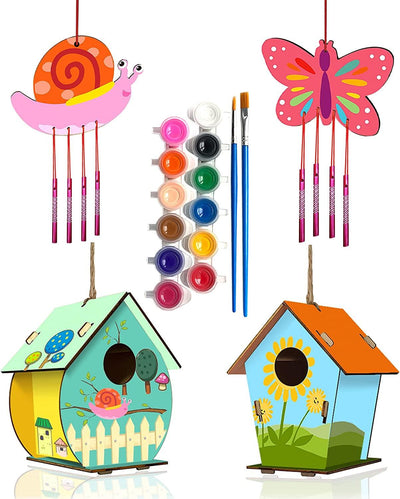 DIY Bird House & Wind Chime Craft Kit for Kids - 4 Pack Wooden Building & Painting Set