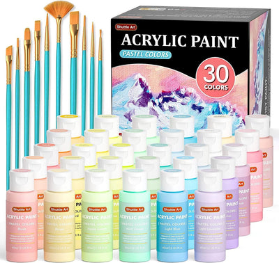 40 Pack Pastel Acrylic Paint Set, 30 Colors Acrylic Paint with 10 Paint Brushes, 60Ml/2Oz Bottles