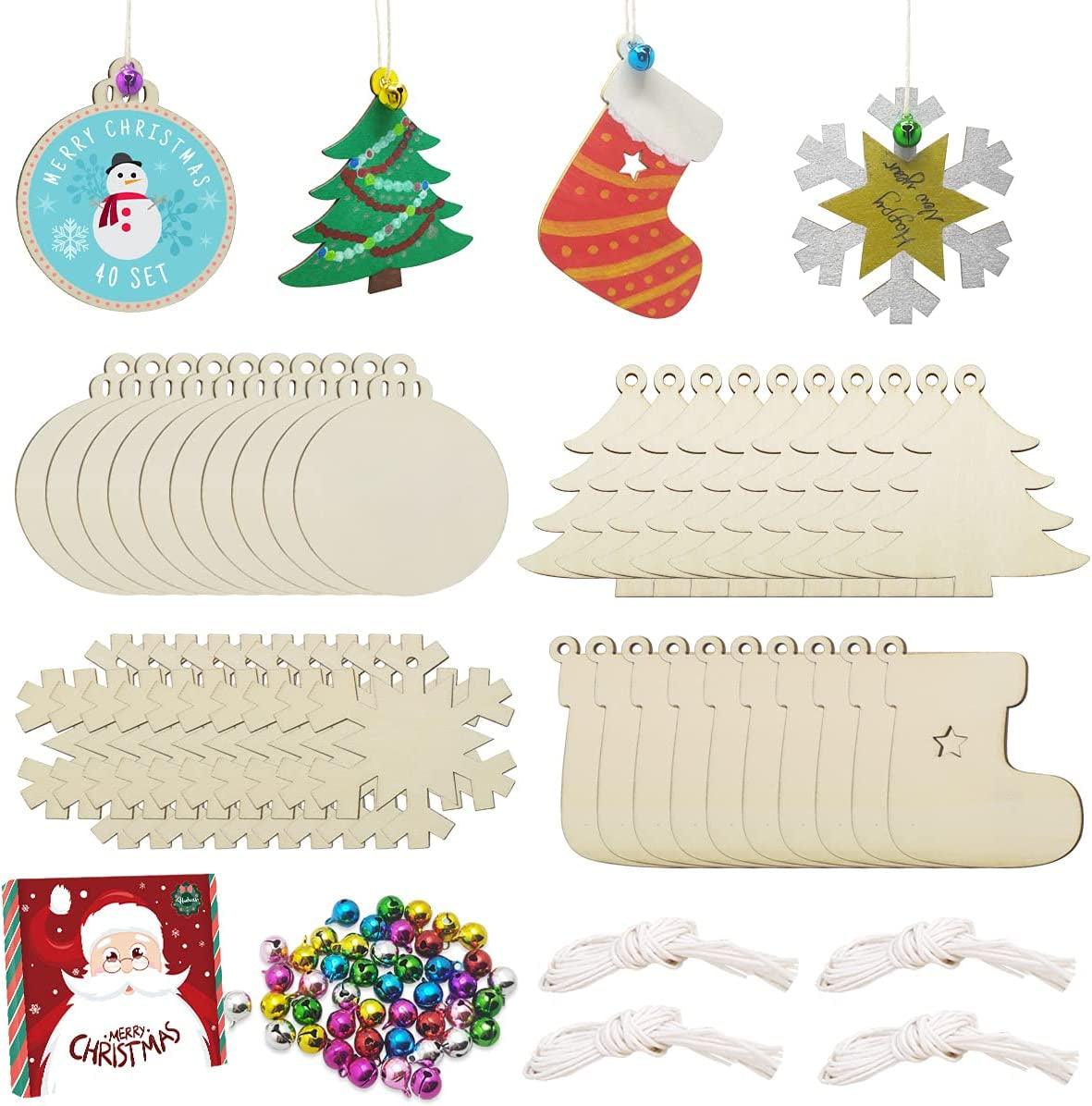 40PCS Christmas Crafts Unfinished Wooden Christmas Ornaments Kit, DIY Ornaments Crafts with 40PCS Colorful Bells and 40PCS Wax Rope WoodArtSupply