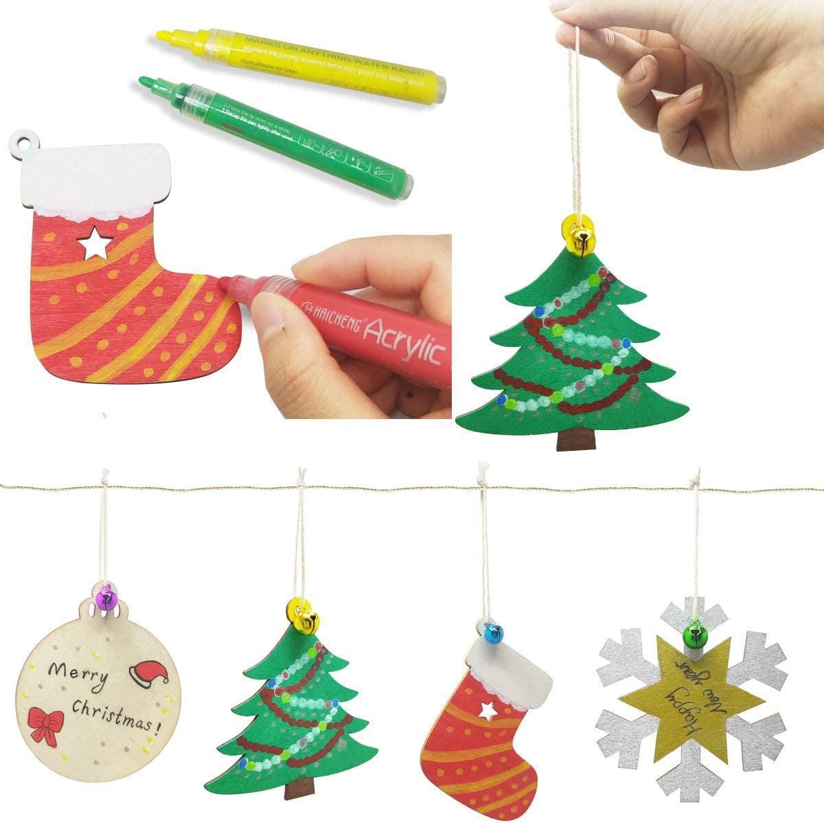 40PCS Christmas Crafts Unfinished Wooden Christmas Ornaments Kit, DIY Ornaments Crafts with 40PCS Colorful Bells and 40PCS Wax Rope WoodArtSupply