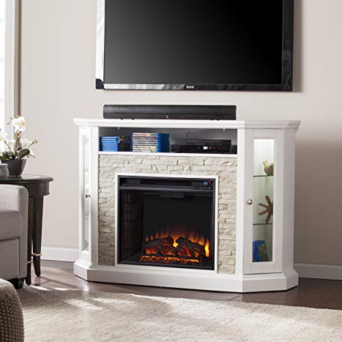 SEI Furniture Redden Faux Stone Convertible Electric Media Storage Corner Fireplace, Fresh White SEI Furniture