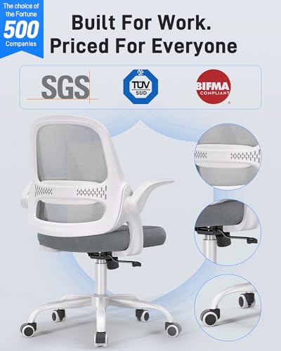Ergonomic Mesh Office Chair for Home Office, Flip-Up Arms, Breathable Mesh Back & Thick Seat Cushion, Swivel Rolling Computer Desk Chair – BIFMA Certified, Supports 300 lbs (White Frame/Gray Seat) amseatec