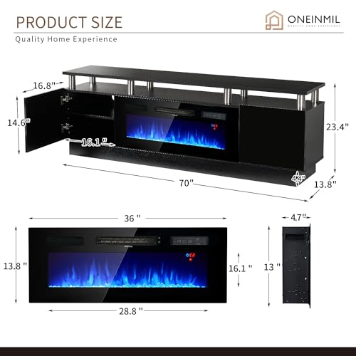 oneinmil 70" Modern Electric Fireplace TV Stand for TVs Up to 80 inch, with Electronic Flame and LED Lights, Luxury High Gloss Finish Entertainment Center, TV Console Cabinet for Living Room, Black oneinmil