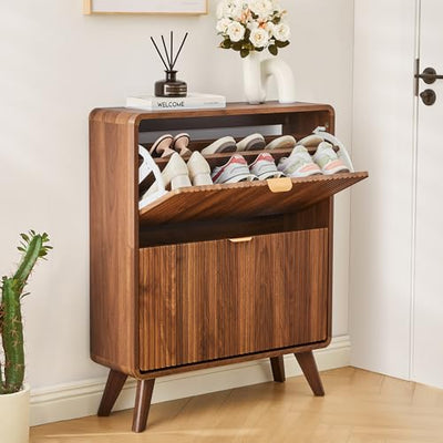 RARZOE Fluted Shoe Storage Cabinet with 2 Flip Drawers, Narrow Curved Shoe Cabinet for Entryway, Freestanding Wood Hidden Shoe Organizer Closed Shoe Rack Cabinet for Foyer, Hallway (27.5''Walnut)