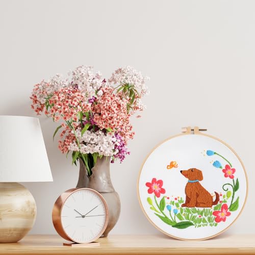 Louise Maelys Dog Embroidery Kits for Beginners with Floral Pattern,Cross Stitch Kit for Adults DIY Needlepoint with Embroidery Instructions