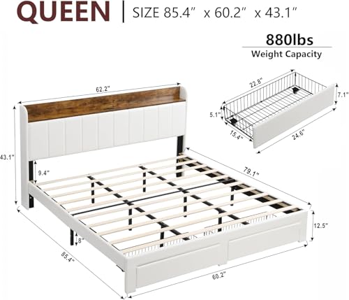 XKLOGER Queen Bed Frame with Headboard & Charging Station, Upholstered Platform Bed Frame with 2 Storage Drawers, Sturdy Wooden Slats Support/No Box Spring Needed/Noise Free/Easy Assembly/White XKLOGER