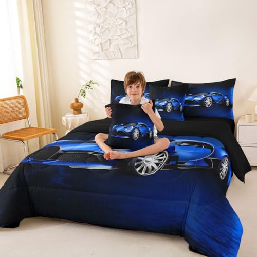 Feelyou Sports Car 7 Piece Bedding Set Blue Race Car Comforter Set with Sheets for Kids Boys Girls Extreme Sports Theme Bed in a Bag Cool Speed Luxury Car Decor Bed Set with 2 Pillowcases Full Feelyou