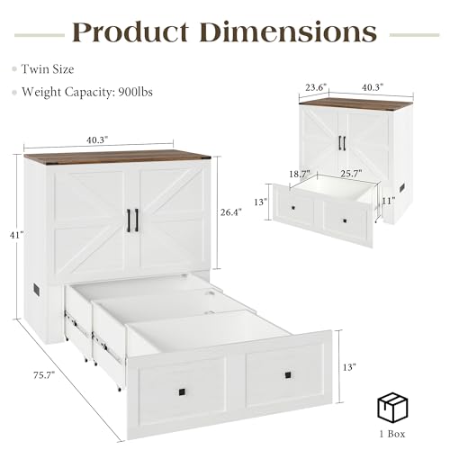 LUXOAK Twin Murphy Bed with Built-in Charging Station and Storage Drawer, Farmhouse Foldable Cabinet Bed for Guest Room, Apartment or Home Office, White LUXOAK