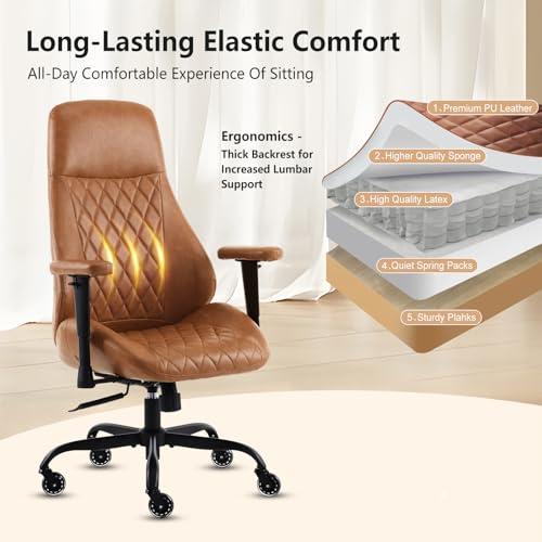 YFO Home Office Desk Chair High Back Office Rubber Casters Ergonomic Computer Chair with Lumbar Support Adjustable Height Rolling Swivel Chair Executive Task Armrests๏ผ Brown Leather YFO