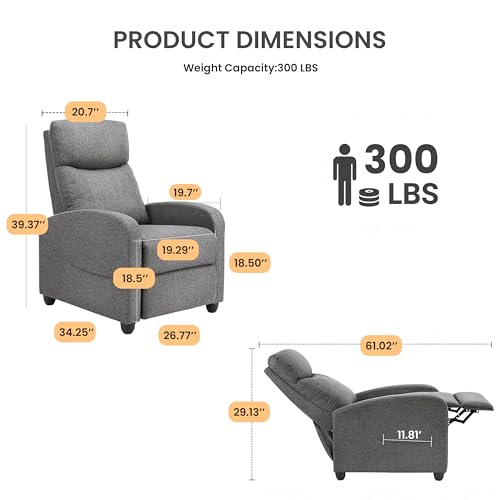 HealSmart Adjustable Push Back Recliner Chair, Soft Fabric Lounge Sofa for Reading & Relaxing, Perfect Home Theater Chair for Living Room & Bedroom, Grey