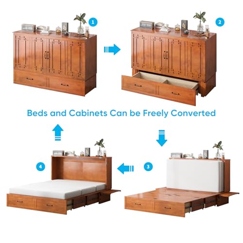 Mjkone Murphy Bed Queen Size, Cabinet Beds with Mattress, Adult Guest Bed with 2 Large Drawer and USB Port & Bedside Panel, Multifunctional Murphy Cabinet Beds for Bedroom/Living Room - Cherry Mjkone
