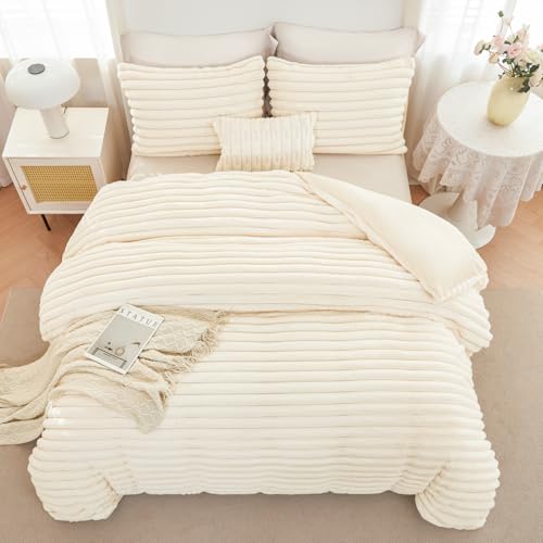 ANGIYUIN 3 Pieces Cream Fluffy Girls Duvet Cover Set Twin Beige Faux Fur Stripe Comforter Cover Luxury Fuzzy Bedding Cover Set for Kids Teens 1 Duvet Cover with 2 Pillowcases(Cream Twin) ANGIYUIN
