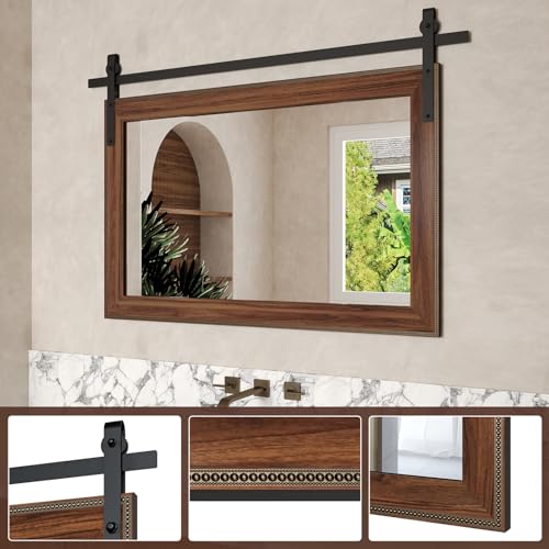 ROOMTEC Farmhouse Bathroom Mirror 51×35 inch Barn Door Mirror Rustic Wall Mirror Wood Frame Mirror for Bathroom, Entryway ROOMTEC