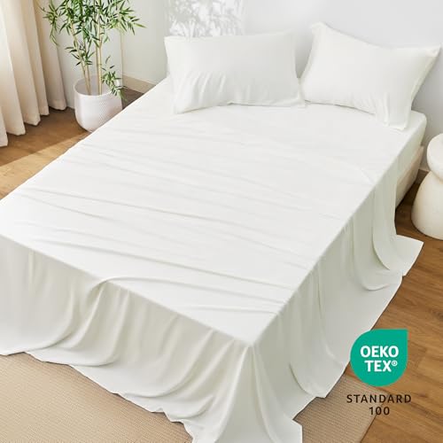 Love's cabin 4 Piece Queen Sheet Set, Cooling Sheets, 100% Rayon Derived from Bamboo, Breathable & Soft Queen Size Bed Set, Deep Pocket Up to 16", Hotel Luxury Silky Bedding Sheets, White Love's cabin