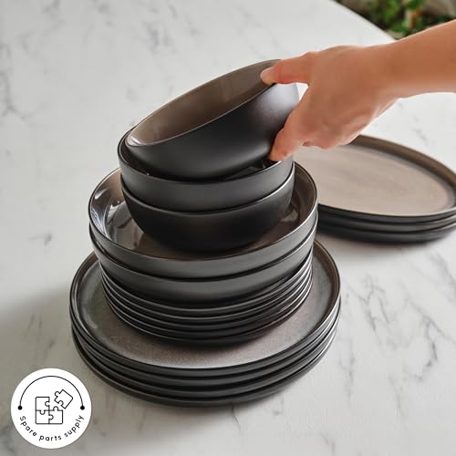 Karaca Mercure 59 Piece Stoneware Plates and Bowls Set, Reactive Glaze Black Dinner Set, Complete Kitchen Tableware Collection, Ideal Dinnerware for 12 People Dining Experience, Dishwasher Safe KARACA