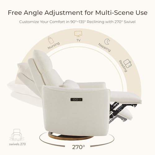 CHITA Swivel Rocker Recliner Chair, Power Nursery Glider Recliner, Nursery Rocking Chair with Adjustable Power Headrest, FSC Certified, Solid Wood Base, Cream CHITA