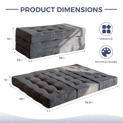 MAXYOYO Tri-Fold Mattress, 6 Inch Tufted Folding Futon Foam Bed, Foldable Floor Mattress Guest Bed Futon Topper Portable Camping Sleeping with Corded Fabric, Dark Grey, 59"x79" MAXYOYO
