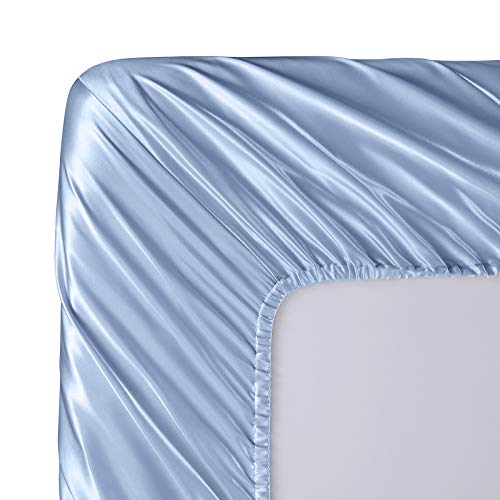 SiinvdaBZX 3-Piece Set Satin Twin Fitted Sheet & 2 Pillowcase, Baby Blue Silky Soft Fitted Bottom Sheet, Wrinkle Free, Fade Resistant, Deep Pocket Bed Sheet (Deep Up to 15") SiinvdaBZX