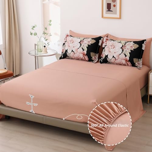 Floral Comforter Set King Size 7 Pieces Black Pink Floral Bed in a Bag, Complete Bedding Sets Elegant Flower Bed Set Comforter for All Season with Flat Sheet, Fitted Sheet, Pillowcases & Shams Dintszyayue
