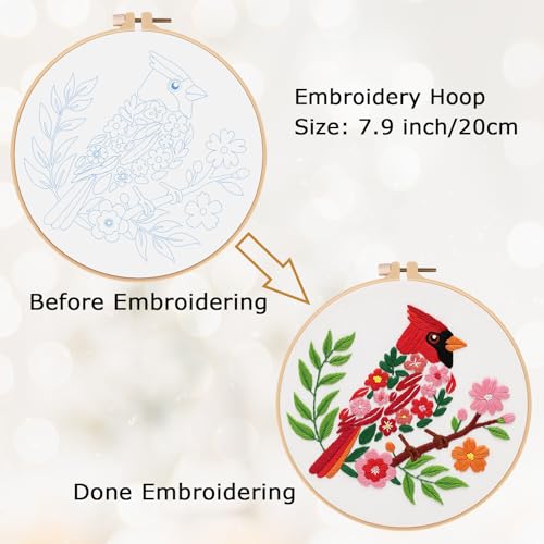 Louise Maelys Red Cardinal Bird Embroidery Kit for Beginners - Floral Hand Stamped DIY Embroidery Kits with Hoop, Threads & Needles - Easy Cross Stitch Starter Set for Adults