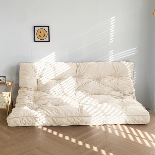 MAXYOYO 6" Futon Mattress Queen Size, Velvet Thick Futons Sofa Couch Bed, Floor Mattress for Adults, Shredded Foam Filling (Frame Not Included), Beige, 60x80 Inch MAXYOYO