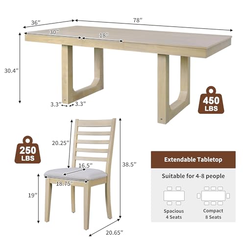 Merax 7 Piece Extendable Wooden Dining Table Set, Farmhouse Extendable with 18" Move Leaf, 78" Rustic and 6 Upholstered Chairs for Kitchen Room, Natural Merax